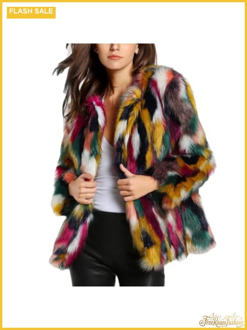 Multicolor Open Front Faux Fur Coat Womens Long Sleeve Fluffy Fall Winter Y2K